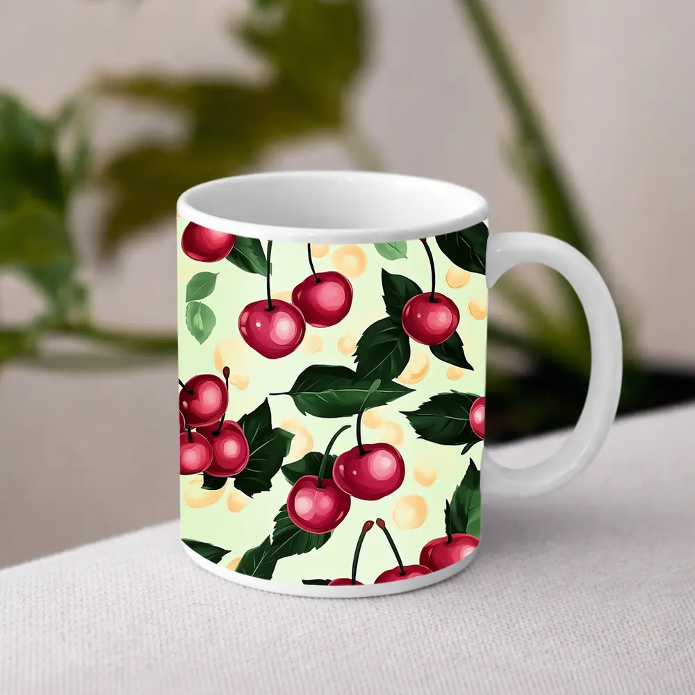 Red Cherry Pattern With Green Leaves – Mugs