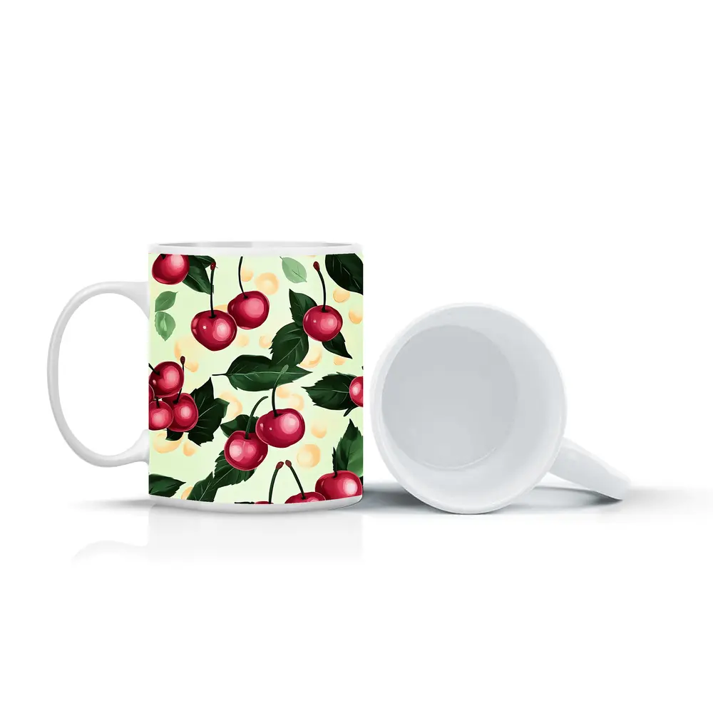 Red Cherry Pattern With Green Leaves – Mugs