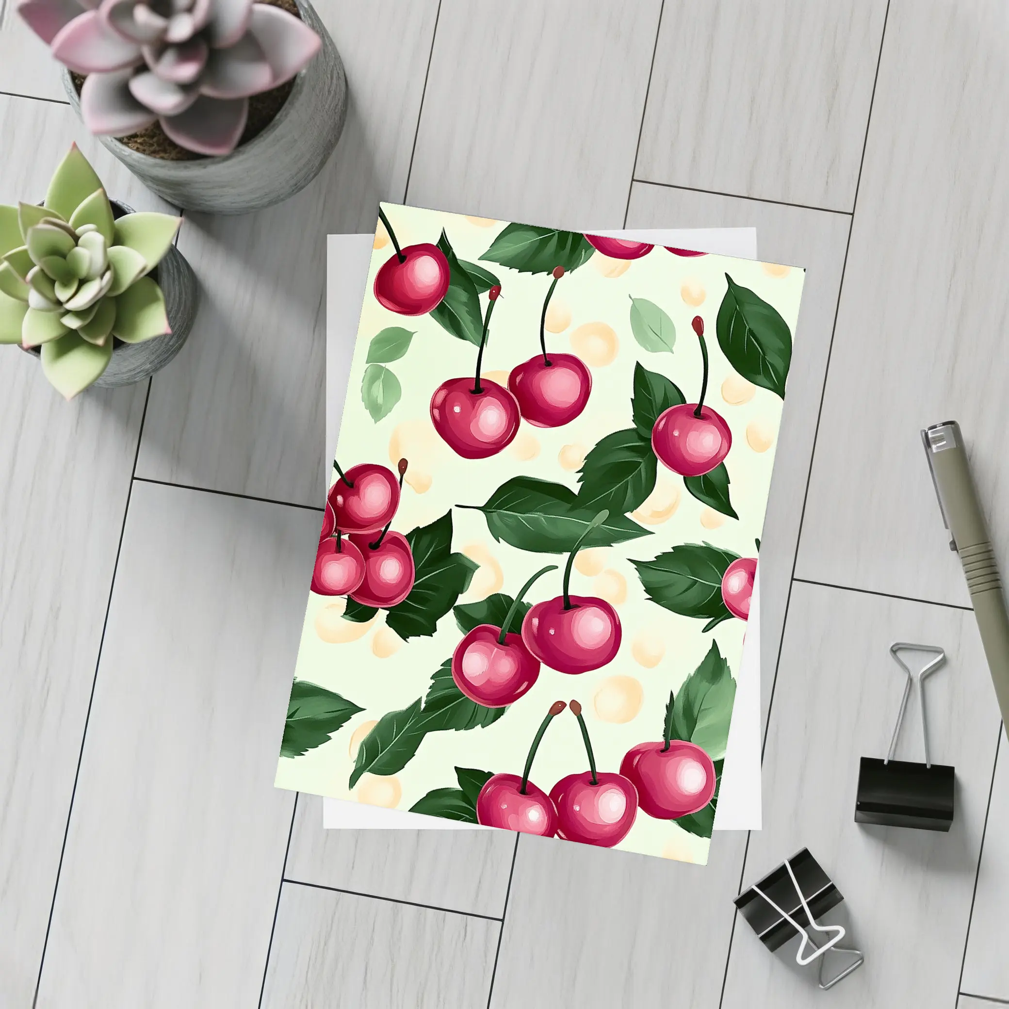 Red Cherry Pattern With Green Leaves – Postcards