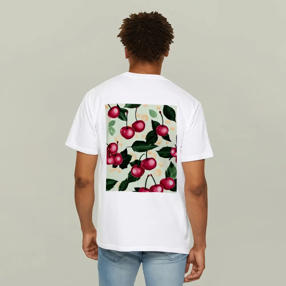 Red Cherry Pattern With Green Leaves – T-Shirts