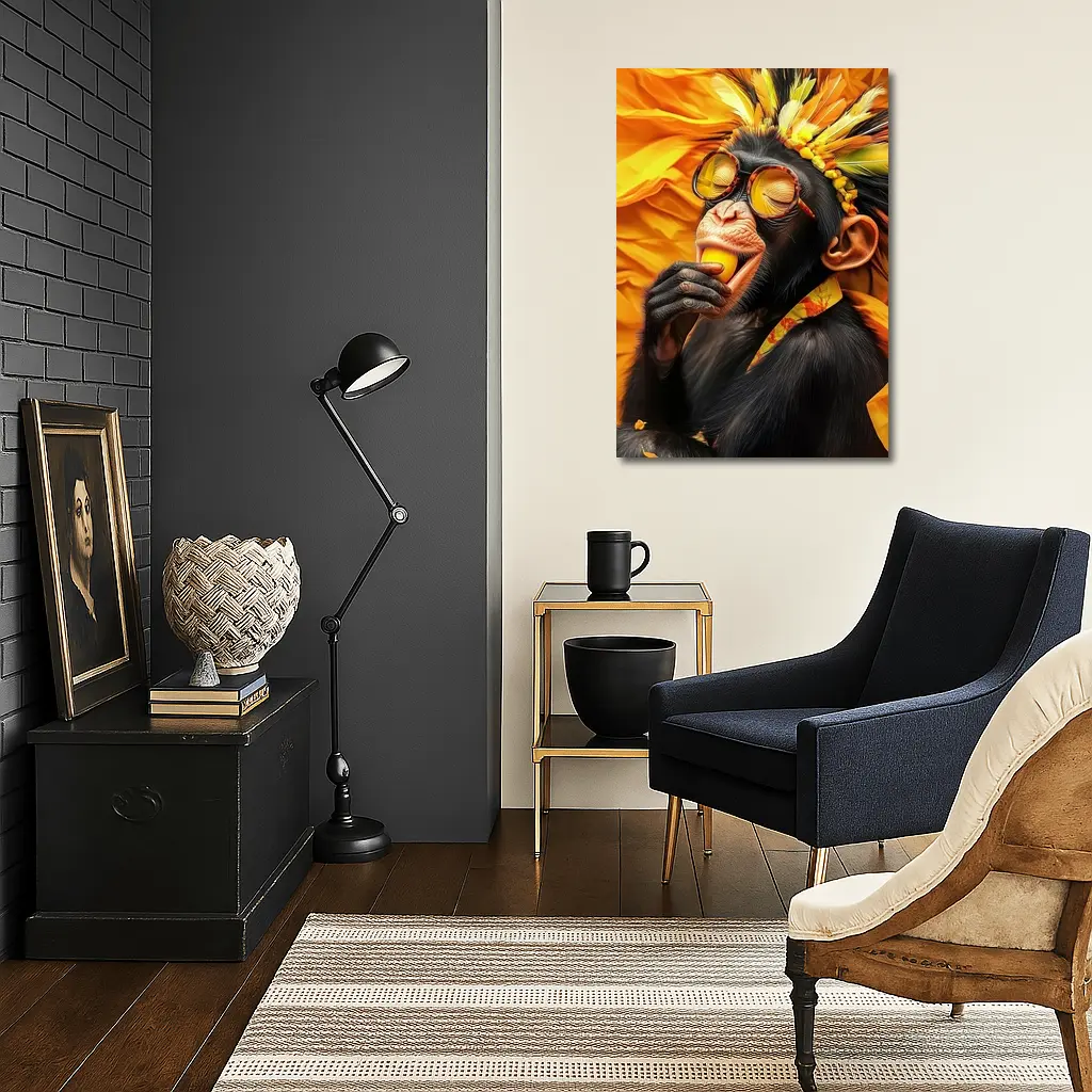 Chimpanzee With Sunglasses Yellow Feather Headdress – Wall Art