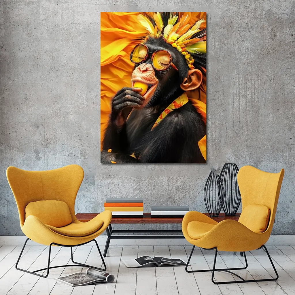 Chimpanzee With Sunglasses Yellow Feather Headdress – Wall Art
