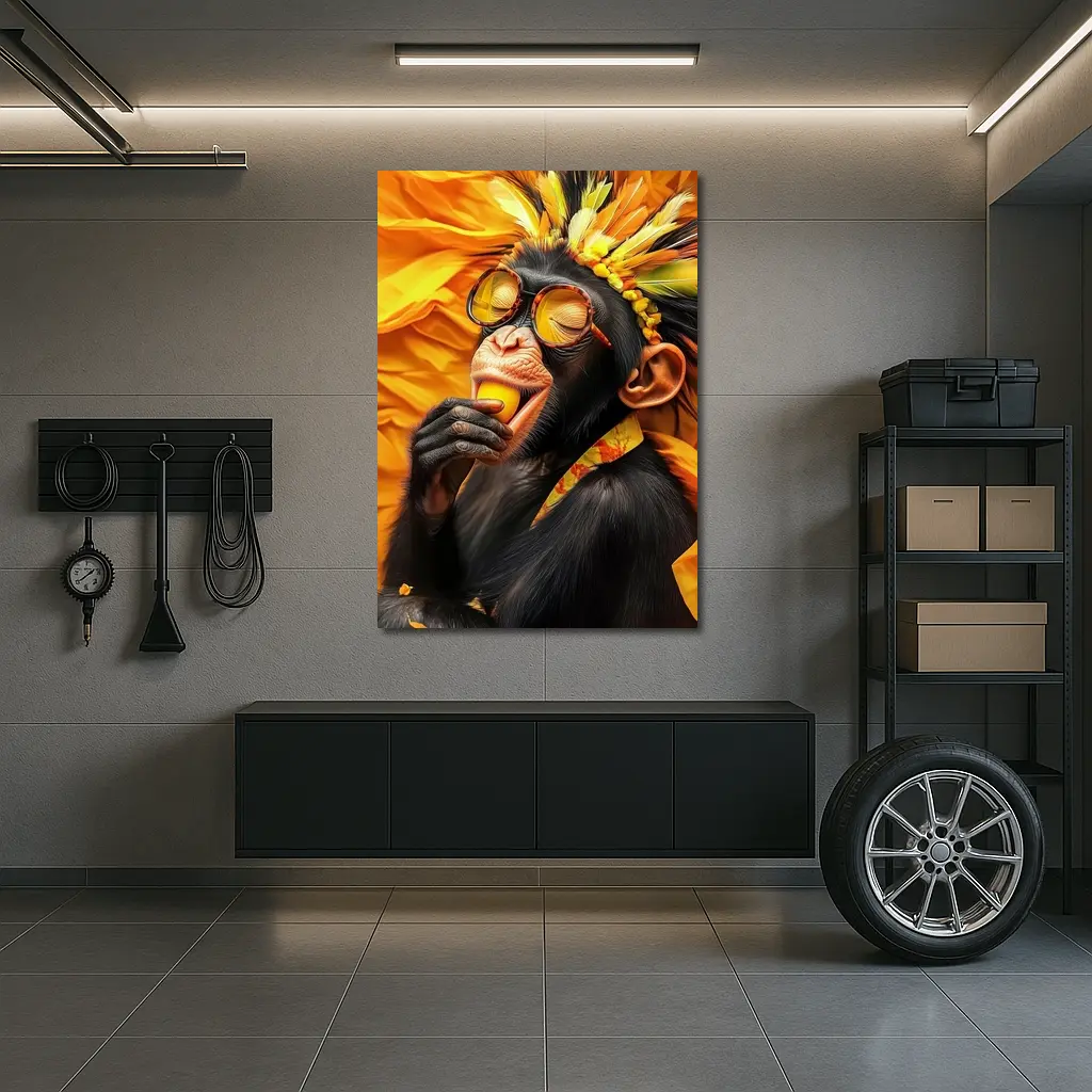 Chimpanzee With Sunglasses Yellow Feather Headdress – Wall Art