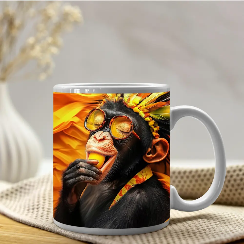 Chimpanzee With Sunglasses Yellow Feather Headdress – Mugs