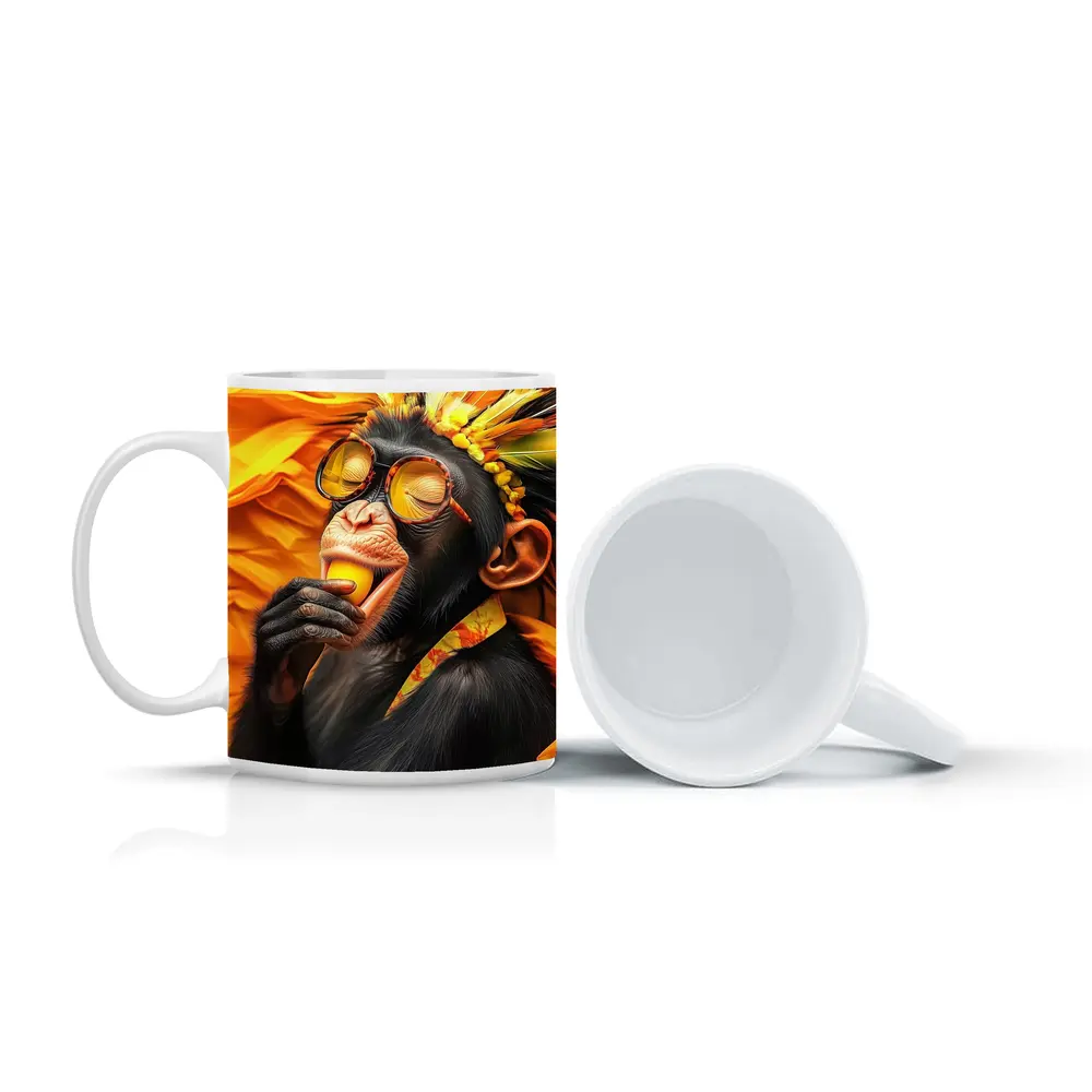 Chimpanzee With Sunglasses Yellow Feather Headdress – Mugs