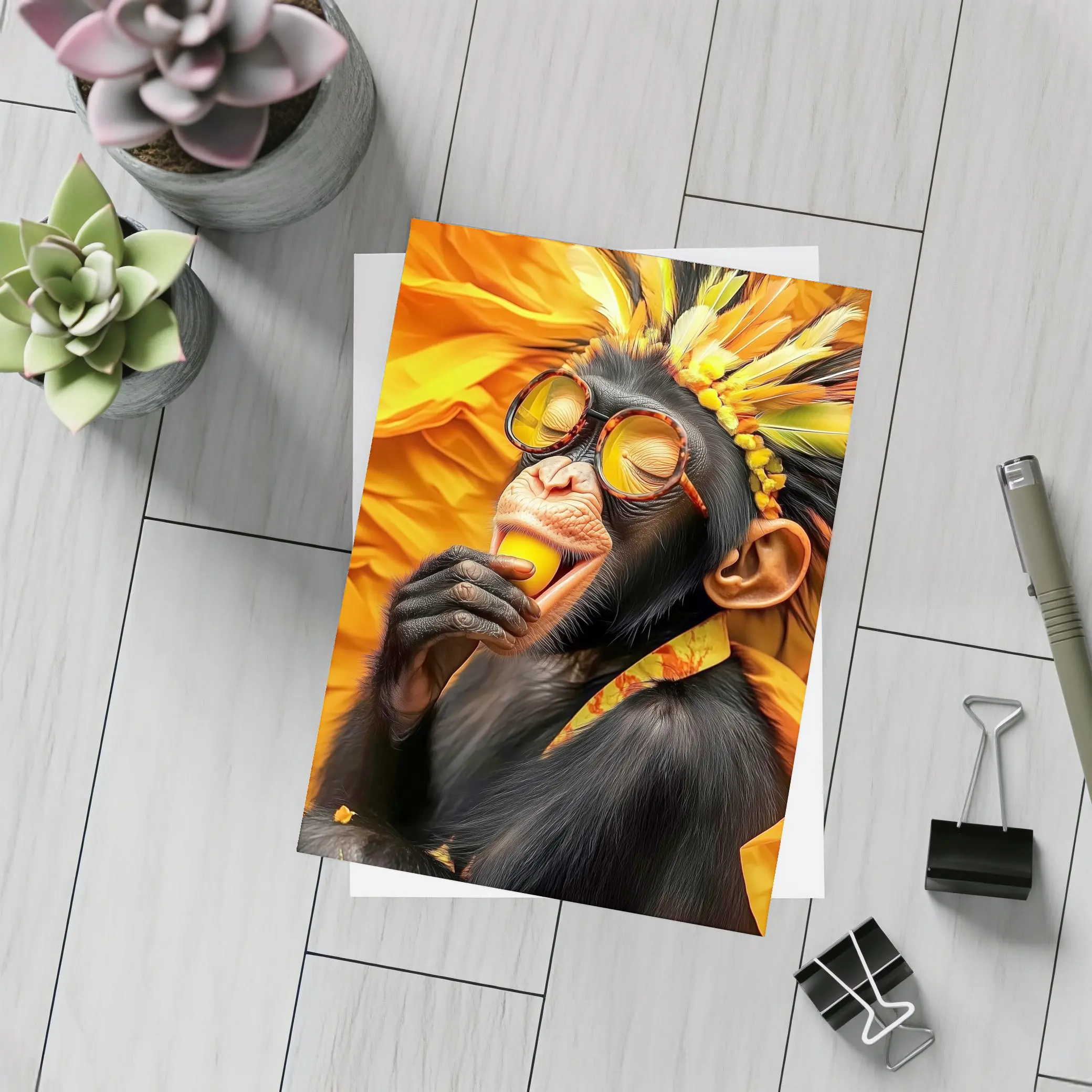 Chimpanzee With Sunglasses Yellow Feather Headdress – Postcards