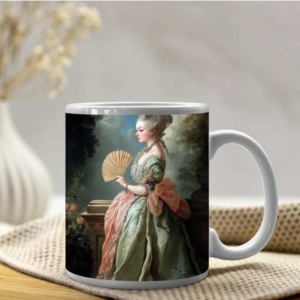 Rococo Noblewoman With Fan Garden Portrait – Mugs