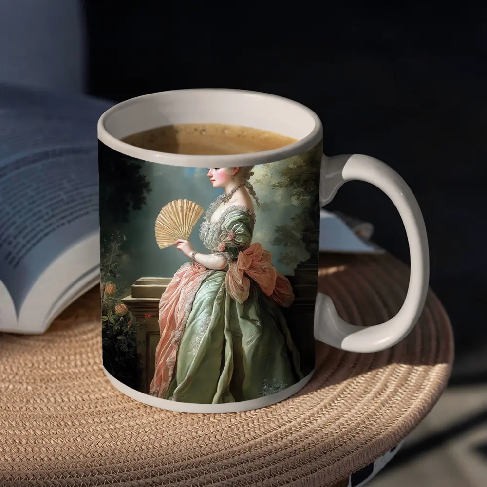 Rococo Noblewoman With Fan Garden Portrait – Mugs