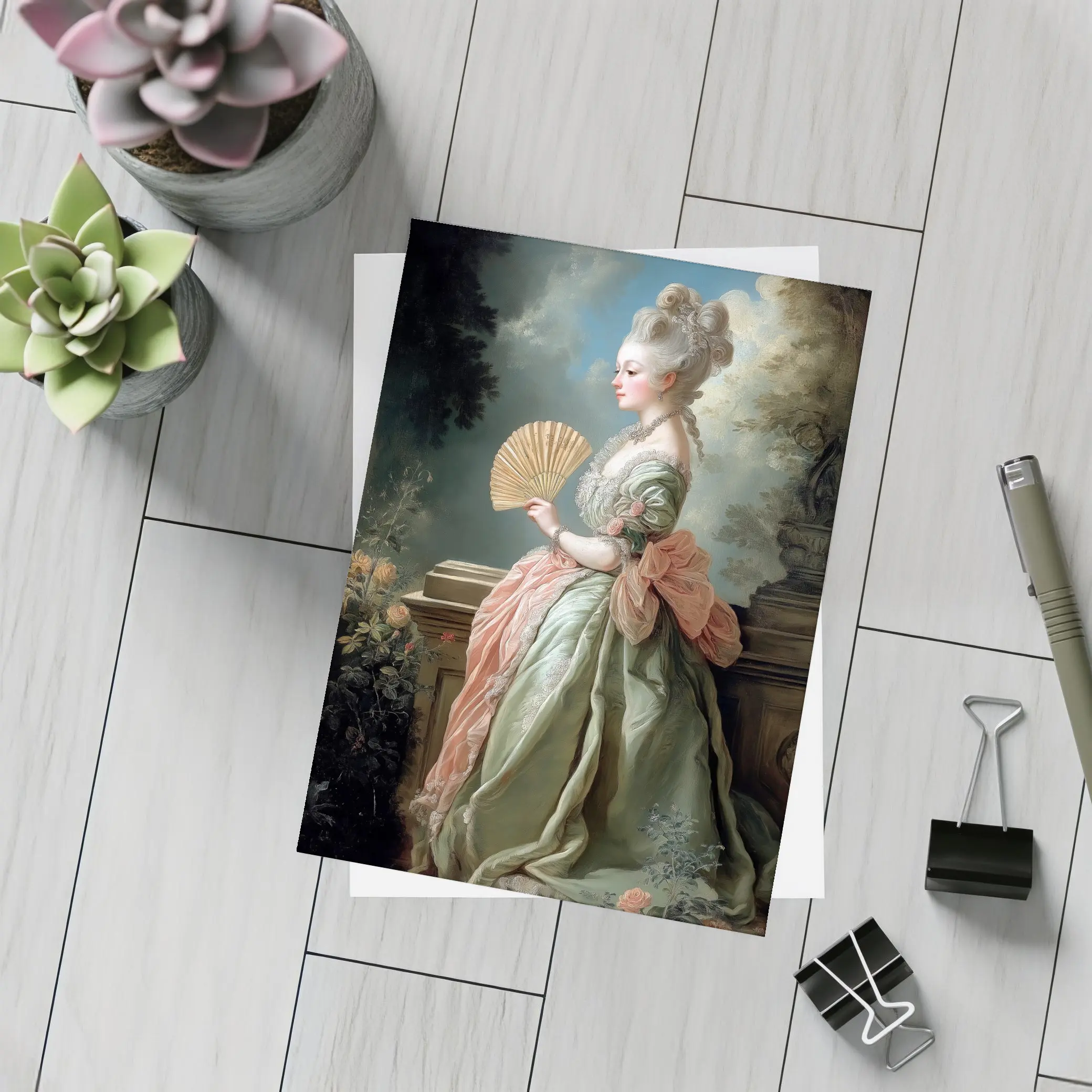 Rococo Noblewoman With Fan Garden Portrait – Postcards