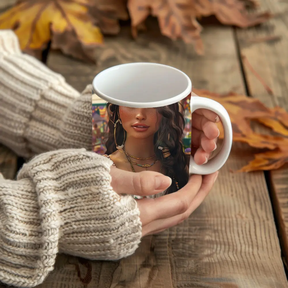 Boho Woman Festival Floral Dress Portrait Art – Mugs