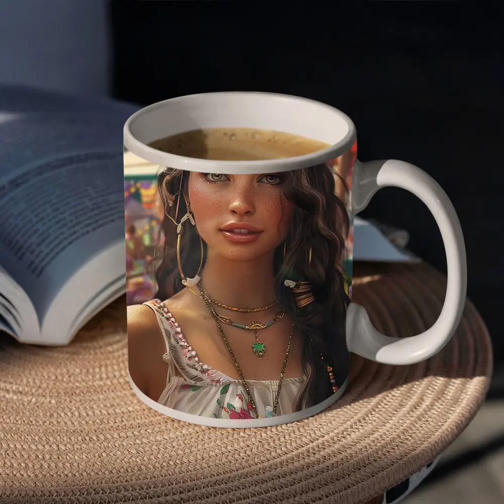 Boho Woman Festival Floral Dress Portrait Art – Mugs