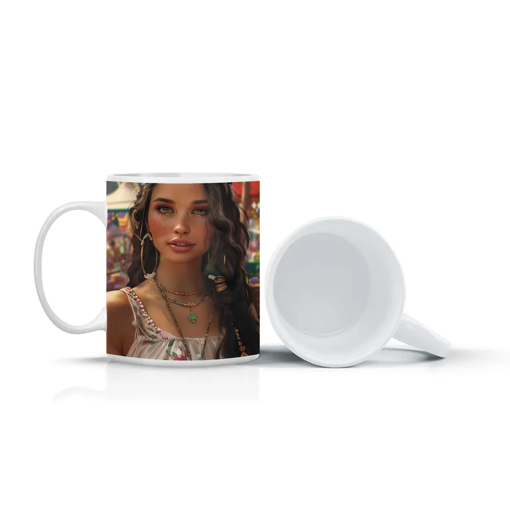 Boho Woman Festival Floral Dress Portrait Art – Mugs