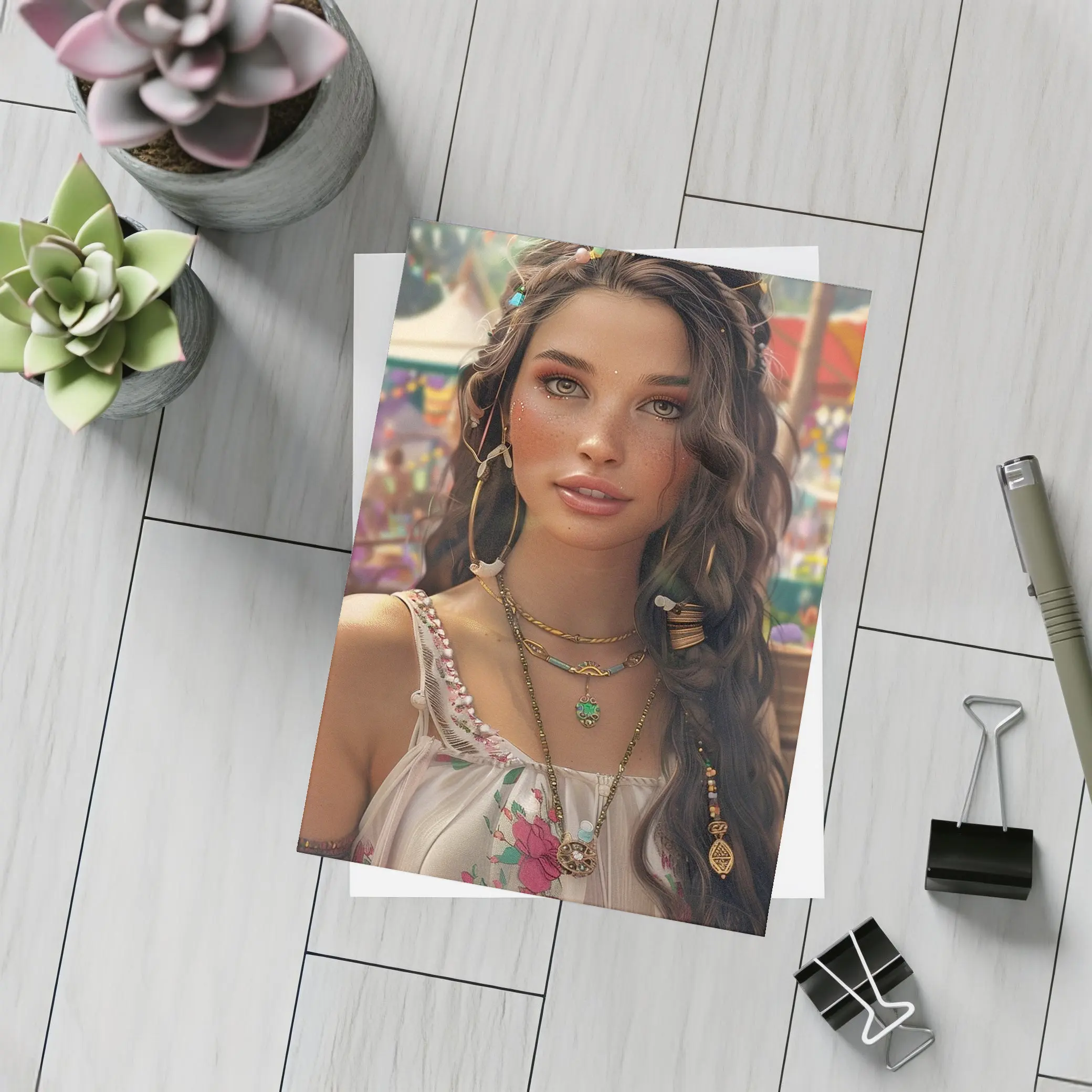 Boho Woman Festival Floral Dress Portrait Art – Postcards