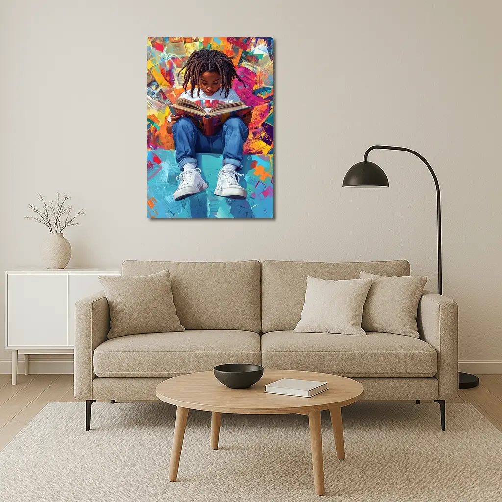 Young Girl Reading Book Colorful Abstract Background – Wall Art