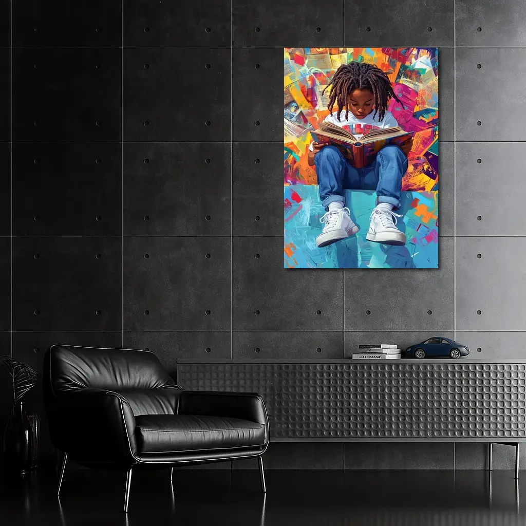 Young Girl Reading Book Colorful Abstract Background – Wall Art