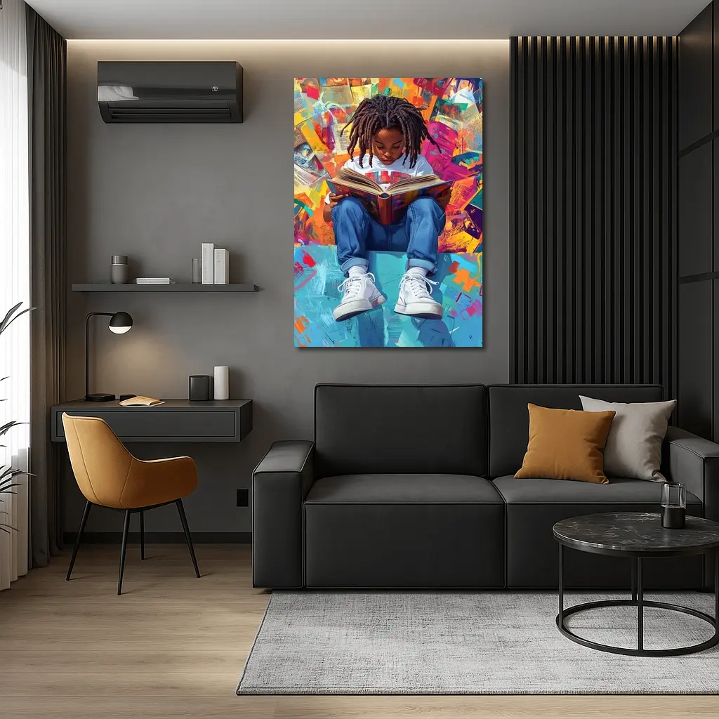 Young Girl Reading Book Colorful Abstract Background – Wall Art