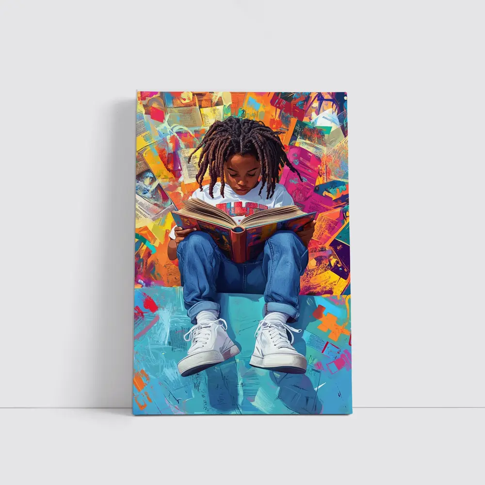 Young Girl Reading Book Colorful Abstract Background – Wall Art
