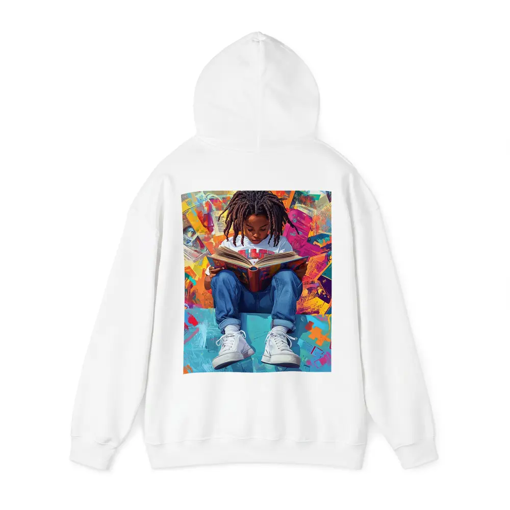 Young Girl Reading Book Colorful Abstract Background – Hoodies
