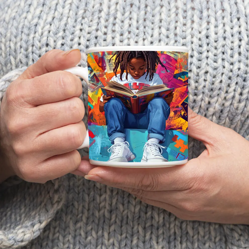 Young Girl Reading Book Colorful Abstract Background – Mugs