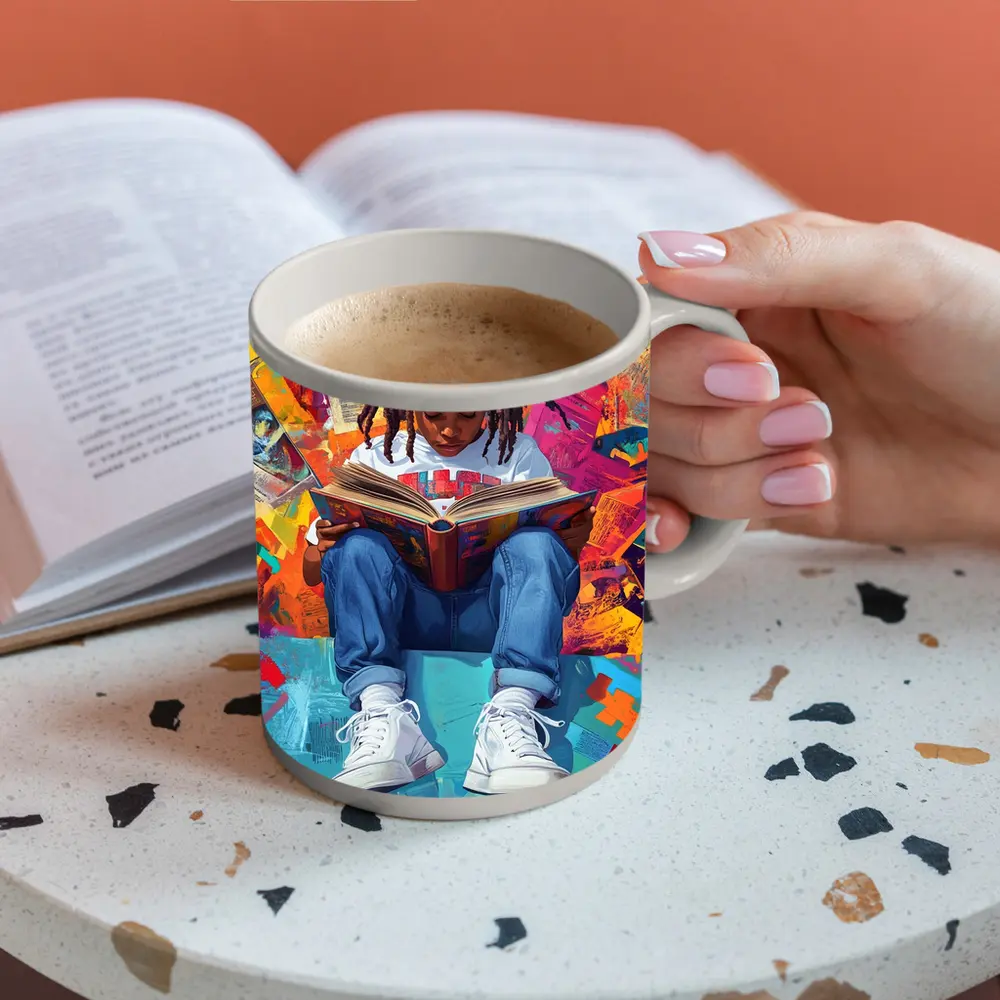 Young Girl Reading Book Colorful Abstract Background – Mugs