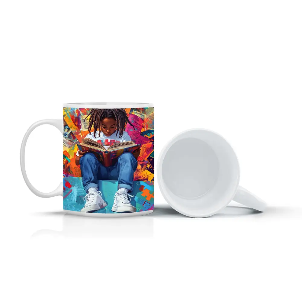 Young Girl Reading Book Colorful Abstract Background – Mugs