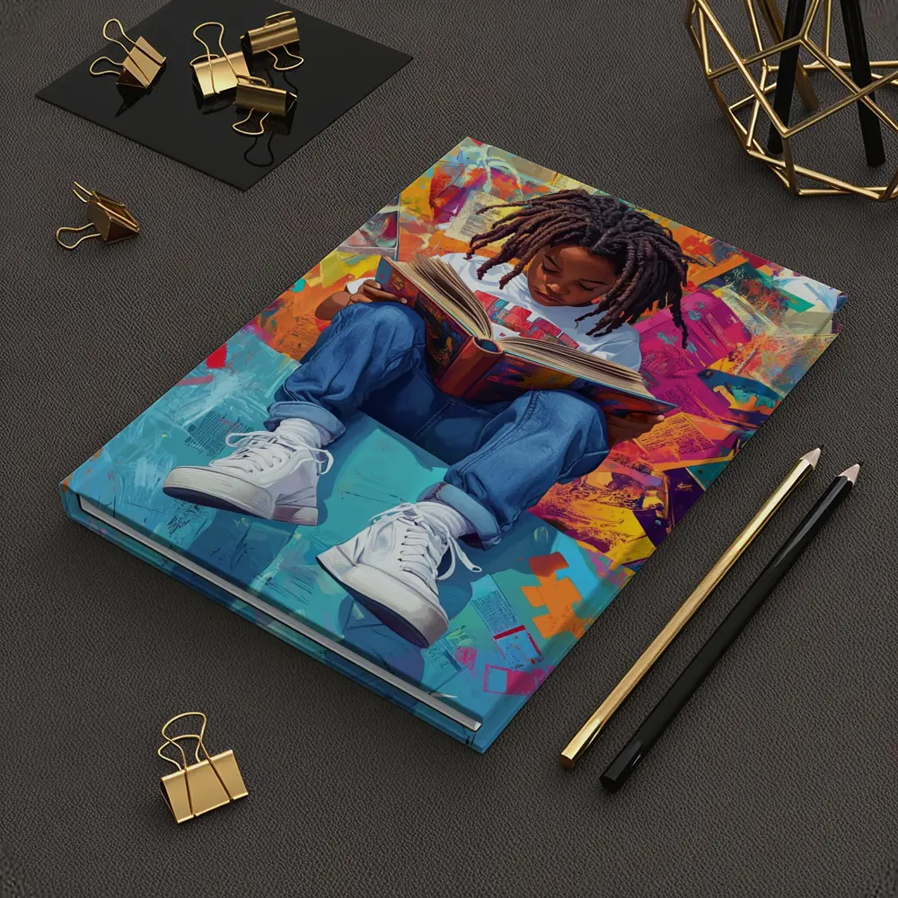 Young Girl Reading Book Colorful Abstract Background – Notebooks
