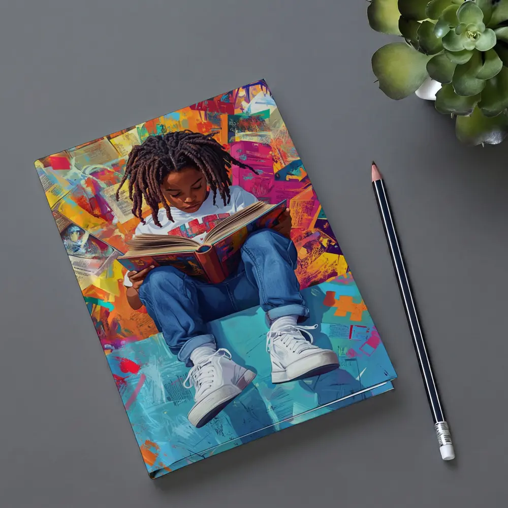 Young Girl Reading Book Colorful Abstract Background – Notebooks