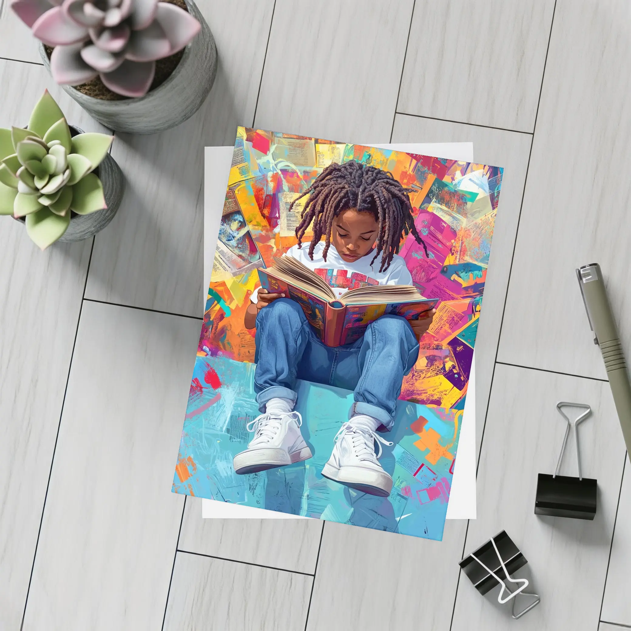 Young Girl Reading Book Colorful Abstract Background – Postcards