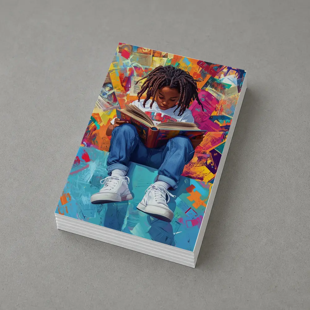 Young Girl Reading Book Colorful Abstract Background – Postcards