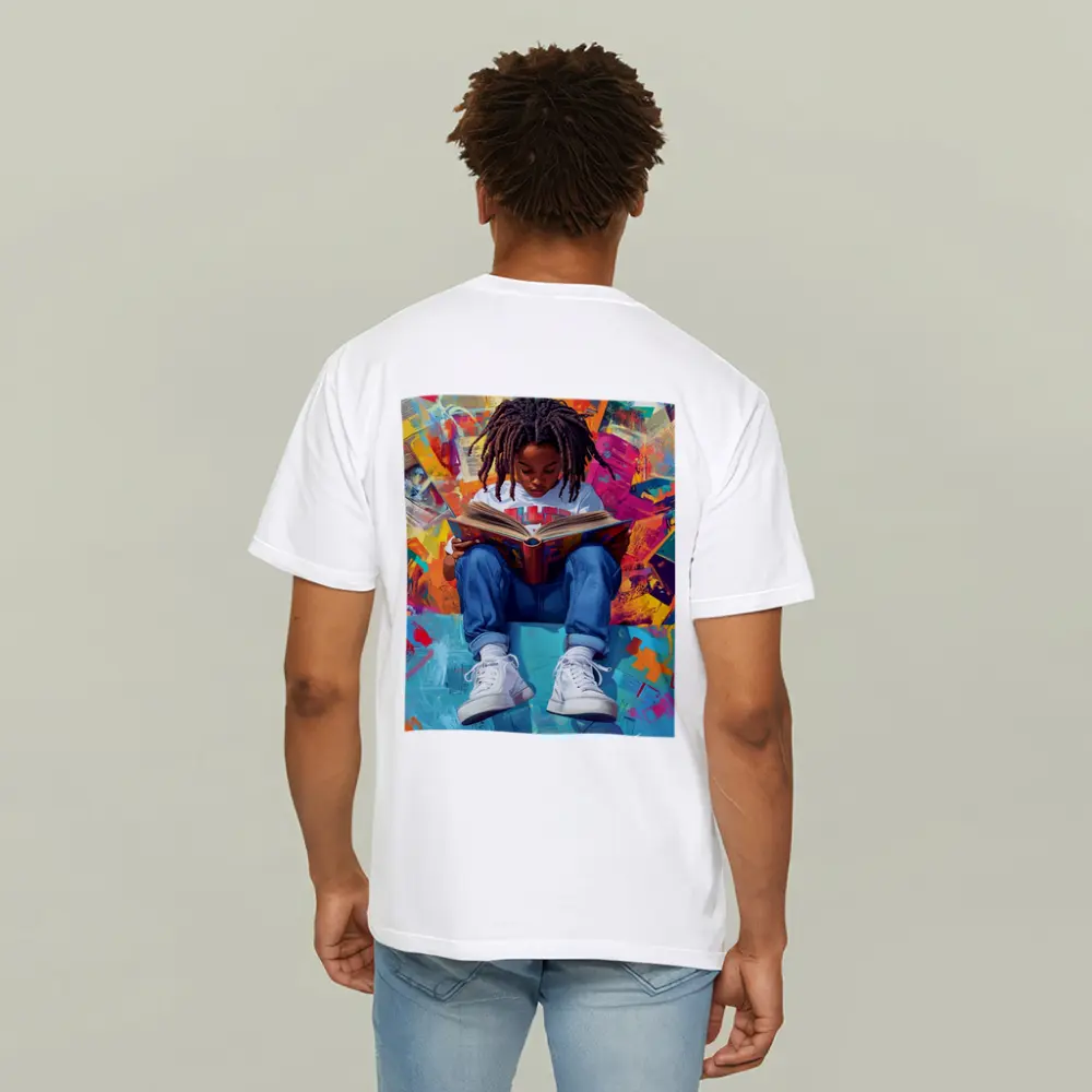 Young Girl Reading Book Colorful Abstract Background – T-Shirts