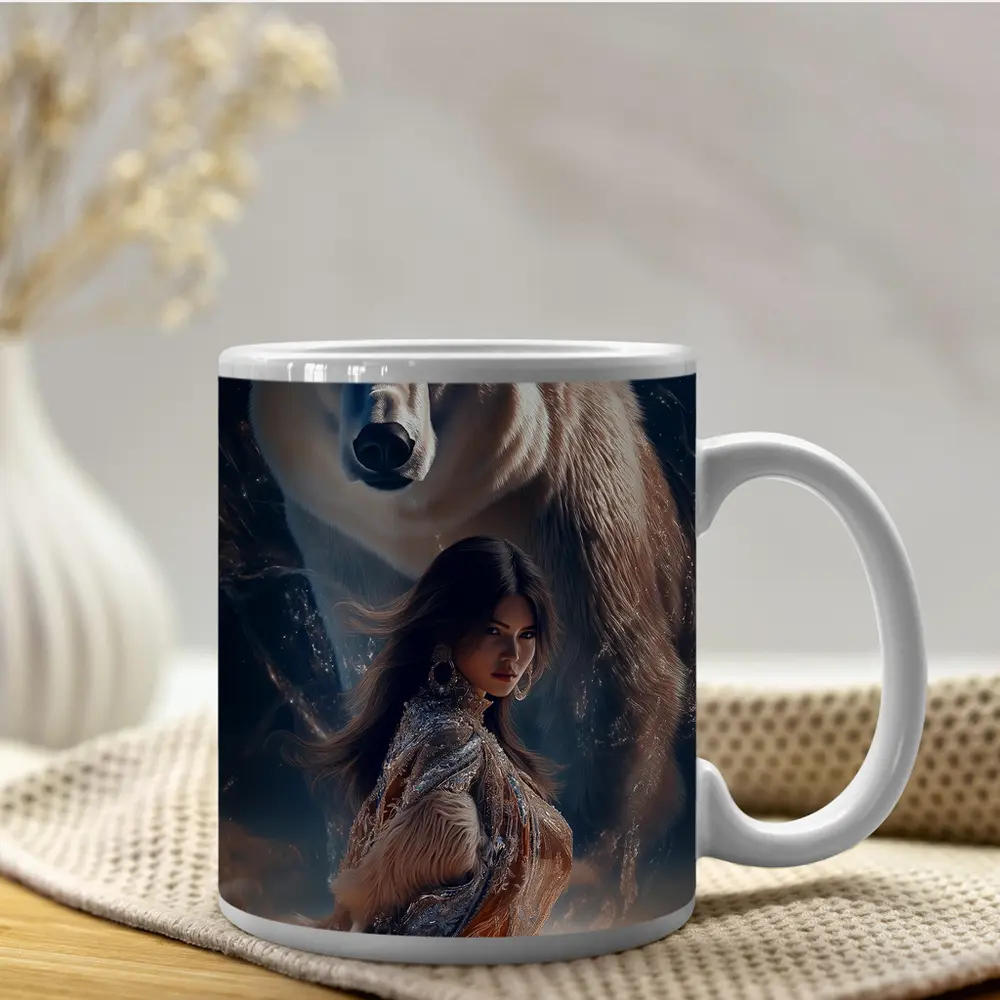 Woman and Polar Bear Mystical Night Art – Mugs