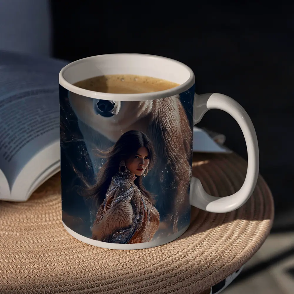 Woman and Polar Bear Mystical Night Art – Mugs