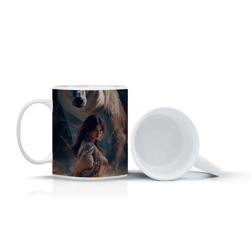 Woman and Polar Bear Mystical Night Art – Mugs