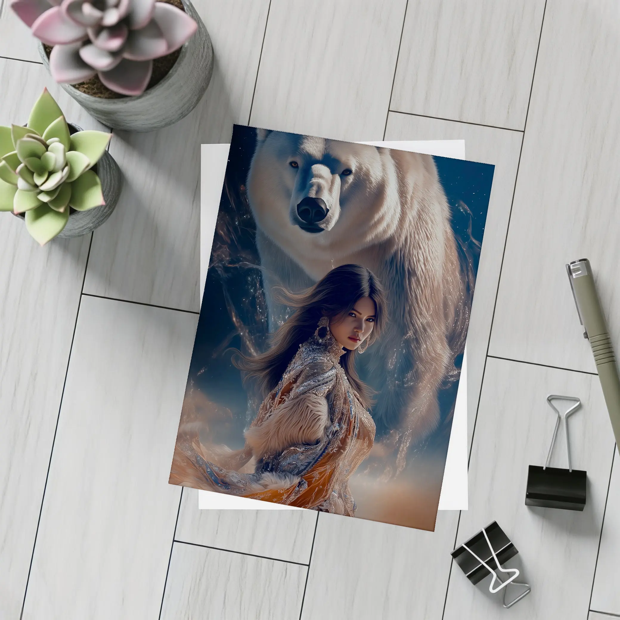 Woman and Polar Bear Mystical Night Art – Postcards