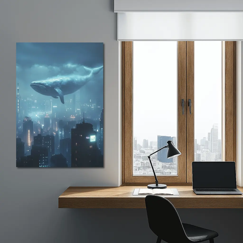 Blue Whale Flying Over Futuristic City – Wall Art