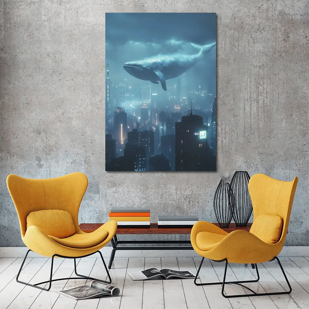 Blue Whale Flying Over Futuristic City – Wall Art