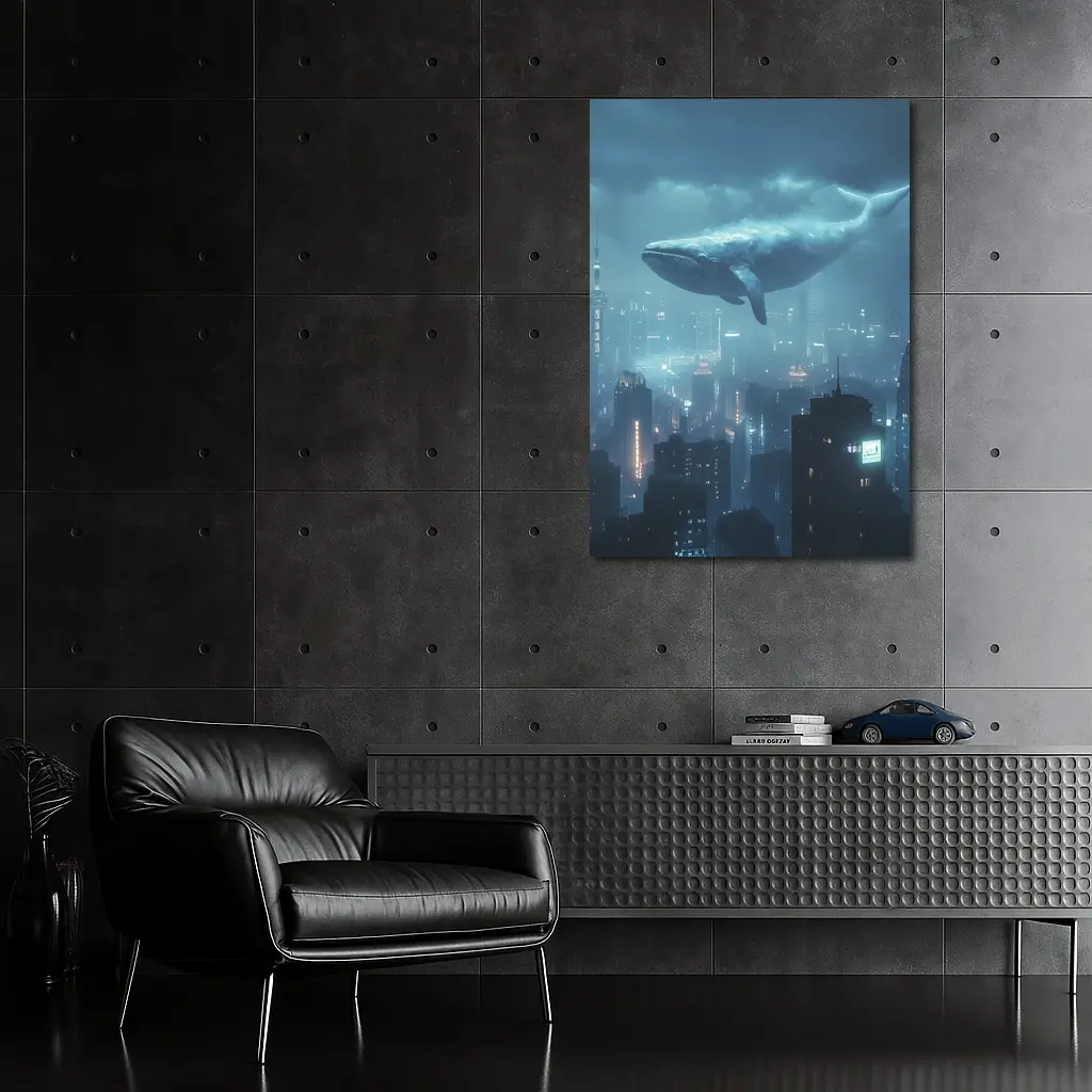 Blue Whale Flying Over Futuristic City – Wall Art