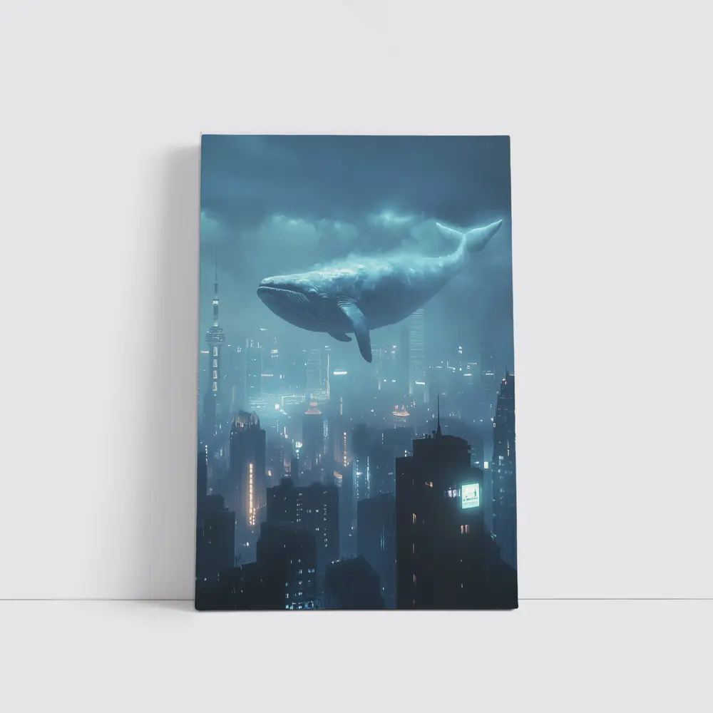 Blue Whale Flying Over Futuristic City – Wall Art