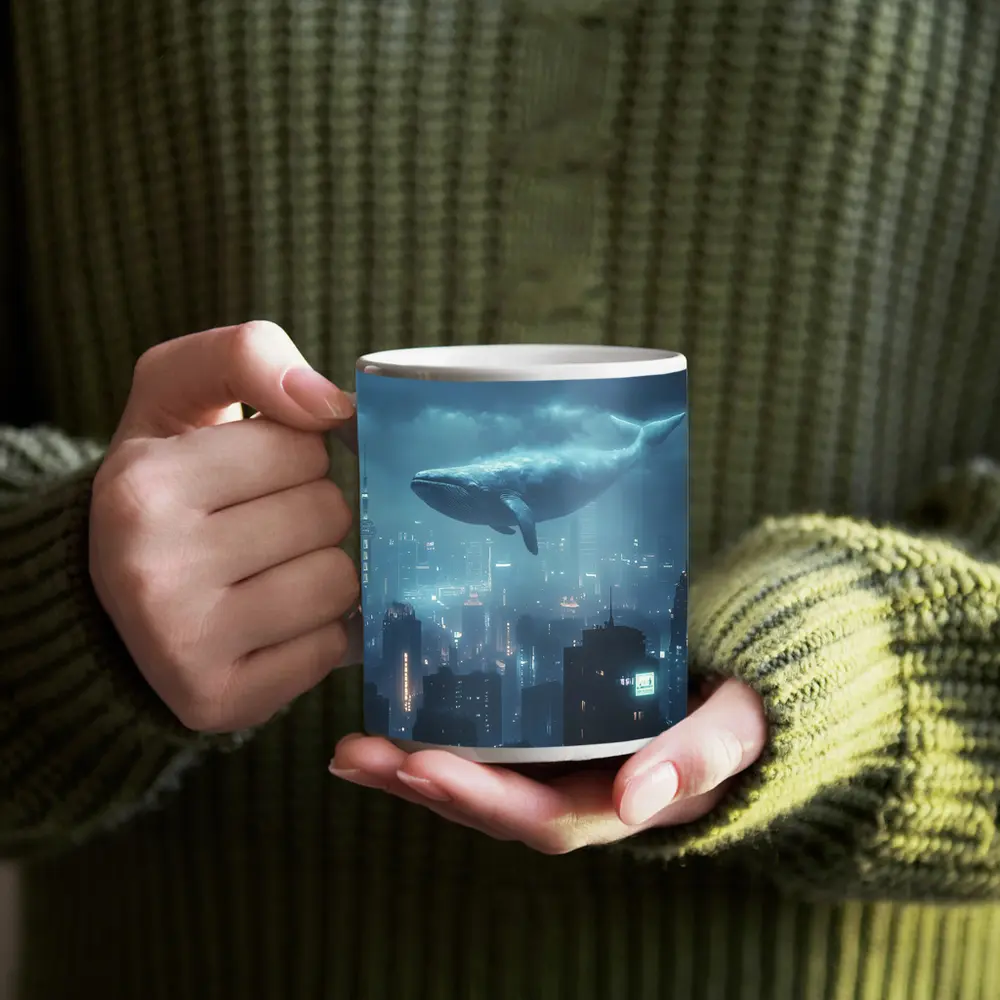 Blue Whale Flying Over Futuristic City – Mugs