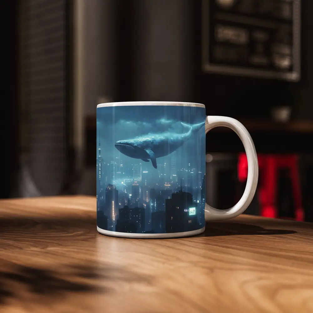 Blue Whale Flying Over Futuristic City – Mugs