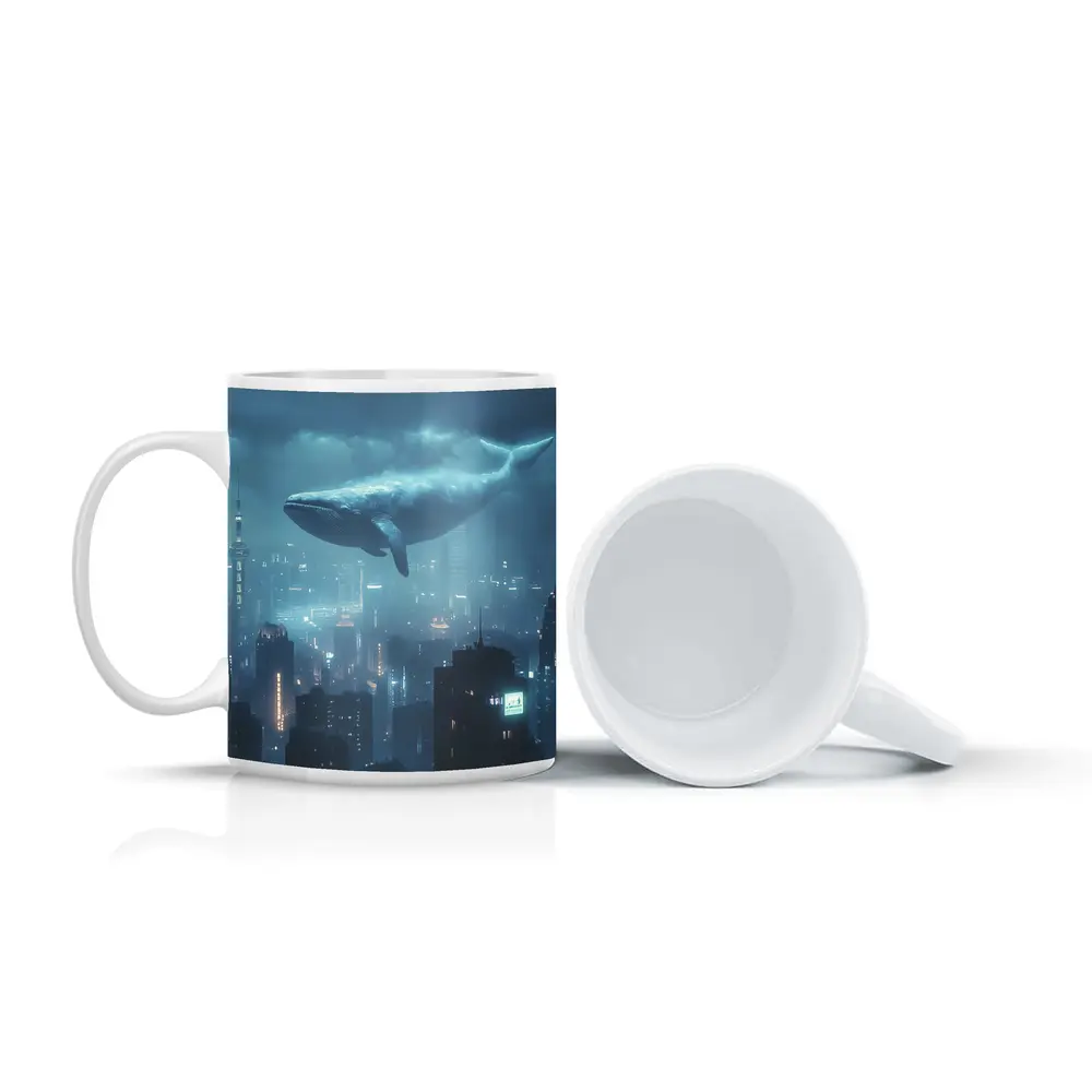 Blue Whale Flying Over Futuristic City – Mugs