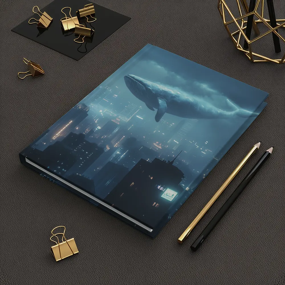 Blue Whale Flying Over Futuristic City – Notebooks
