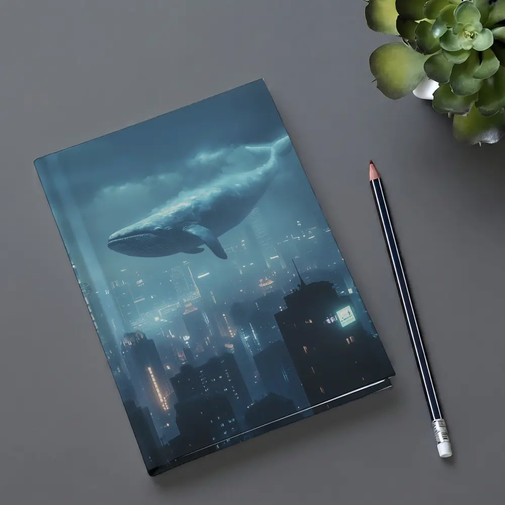 Blue Whale Flying Over Futuristic City – Notebooks