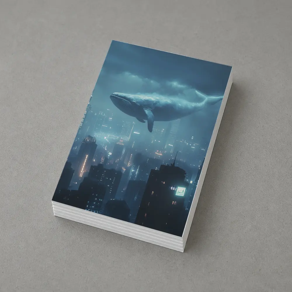 Blue Whale Flying Over Futuristic City – Postcards