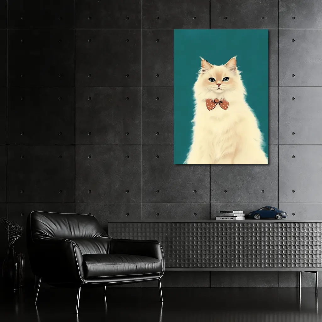 Fluffy White Cat Bow Tie Teal Background – Wall Art