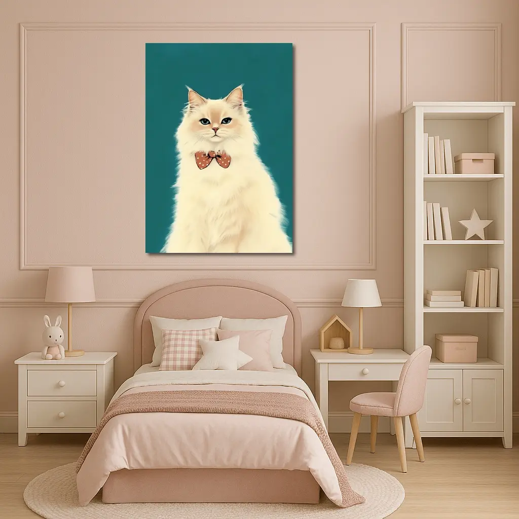 Fluffy White Cat Bow Tie Teal Background – Wall Art