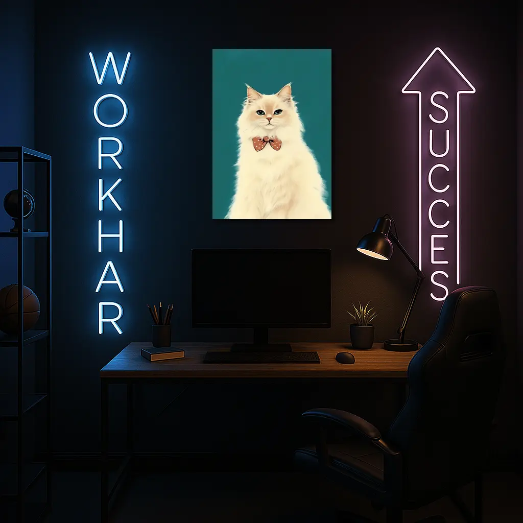 Fluffy White Cat Bow Tie Teal Background – Wall Art