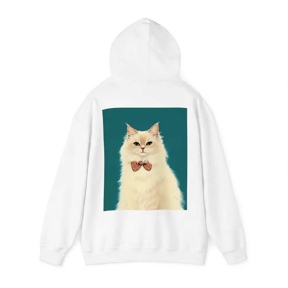 Fluffy White Cat Bow Tie Teal Background – Hoodies