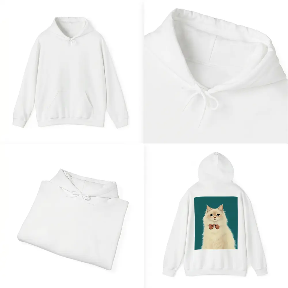 Fluffy White Cat Bow Tie Teal Background – Hoodies