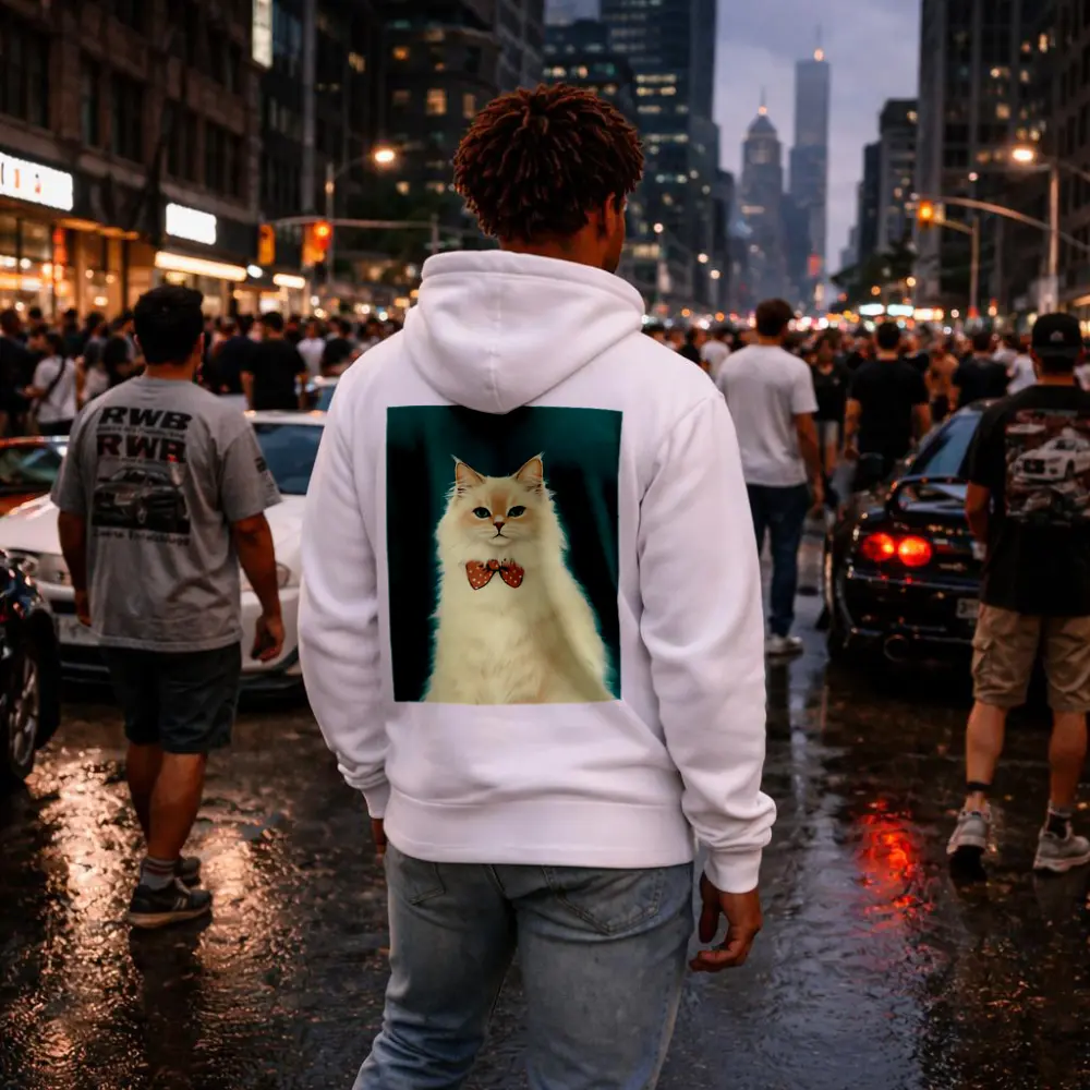 Fluffy White Cat Bow Tie Teal Background – Hoodies